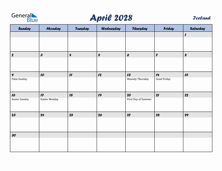 April 2028 Calendar with Holidays in Iceland