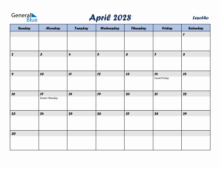 April 2028 Calendar with Holidays in Lesotho