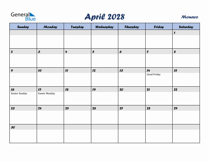 April 2028 Calendar with Holidays in Monaco