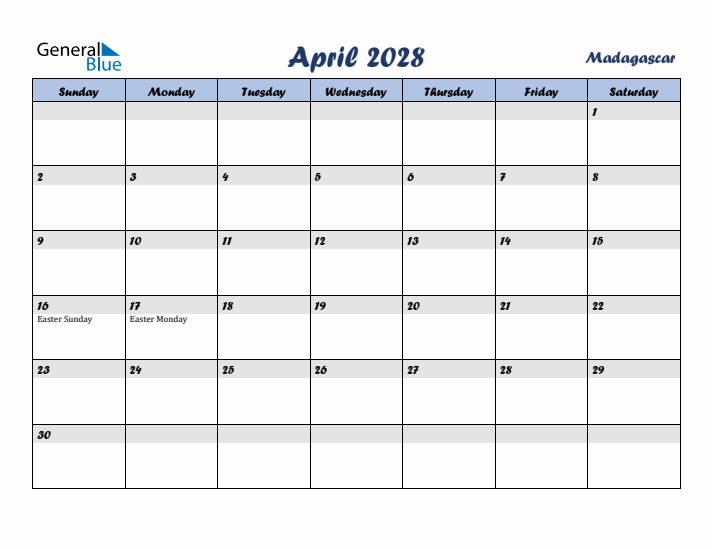 April 2028 Calendar with Holidays in Madagascar