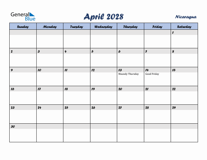 April 2028 Calendar with Holidays in Nicaragua