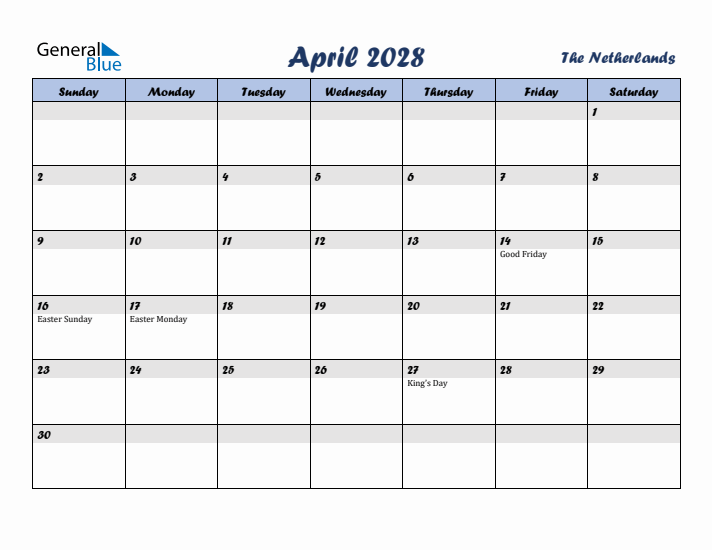 April 2028 Calendar with Holidays in The Netherlands