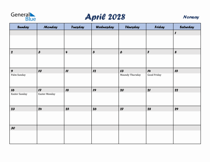 April 2028 Calendar with Holidays in Norway