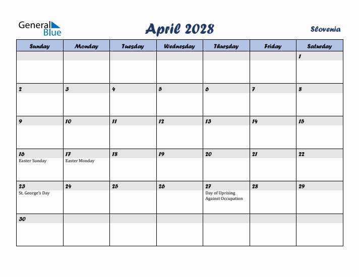 April 2028 Calendar with Holidays in Slovenia