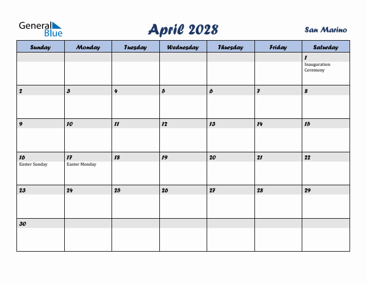 April 2028 Calendar with Holidays in San Marino