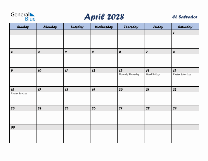 April 2028 Calendar with Holidays in El Salvador