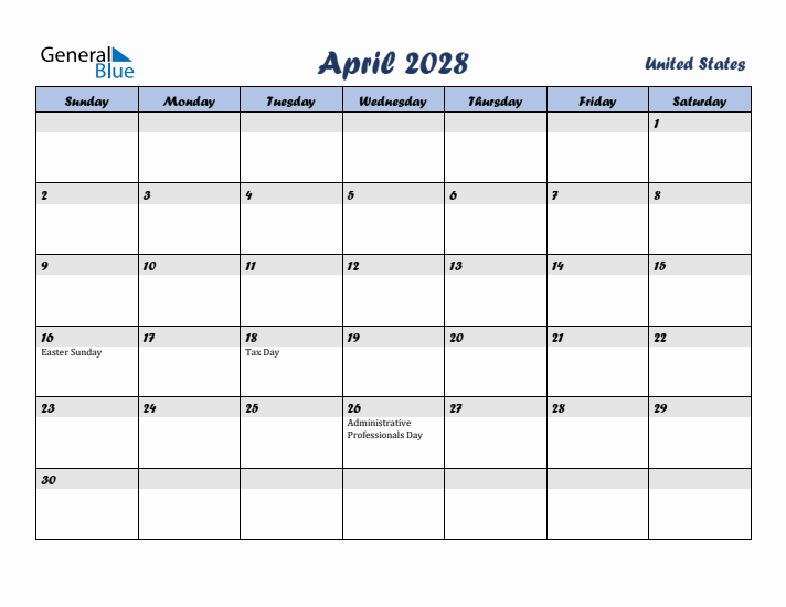 April 2028 Calendar with Holidays in United States