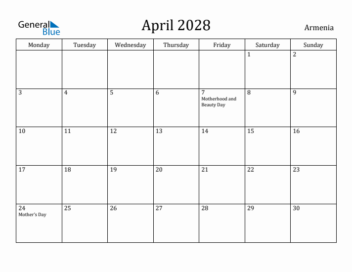 April 2028 Calendar Armenia