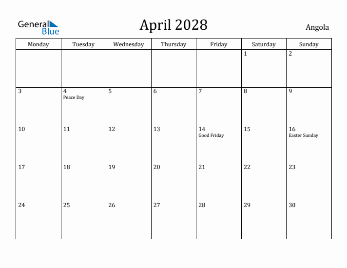 April 2028 Calendar Angola