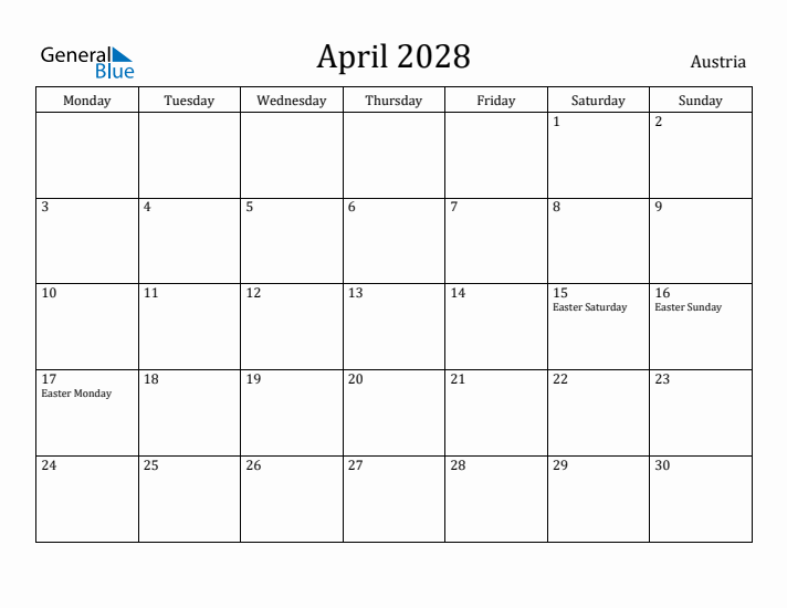 April 2028 Calendar Austria