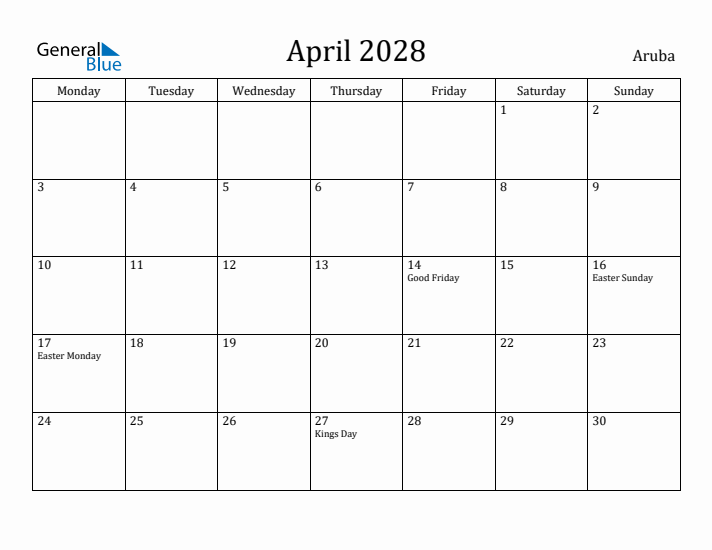 April 2028 Calendar Aruba