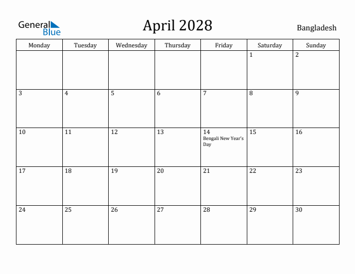 April 2028 Calendar Bangladesh