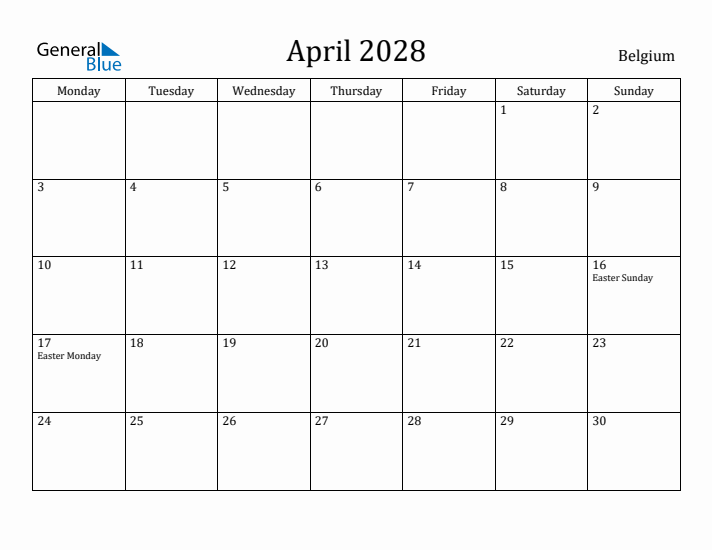 April 2028 Calendar Belgium