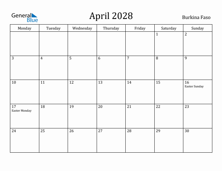 April 2028 Calendar Burkina Faso