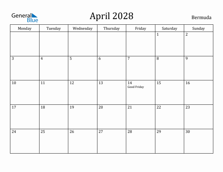 April 2028 Calendar Bermuda