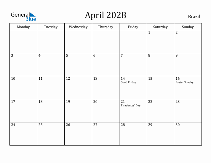 April 2028 Calendar Brazil