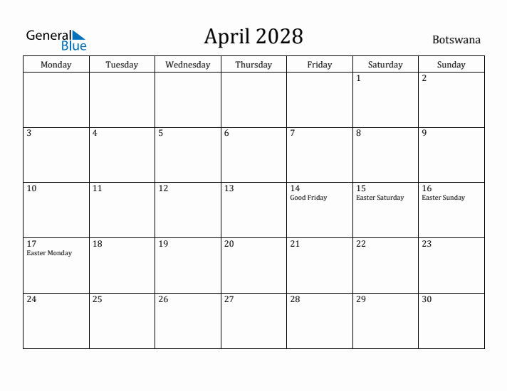 April 2028 Calendar Botswana