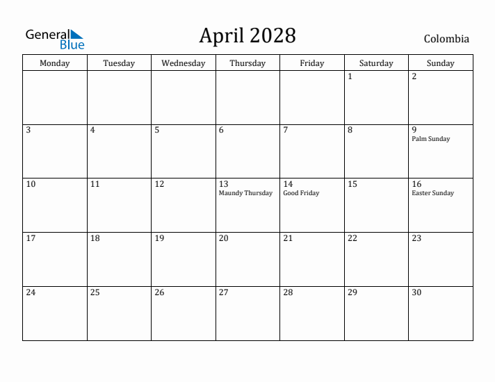 April 2028 Calendar Colombia