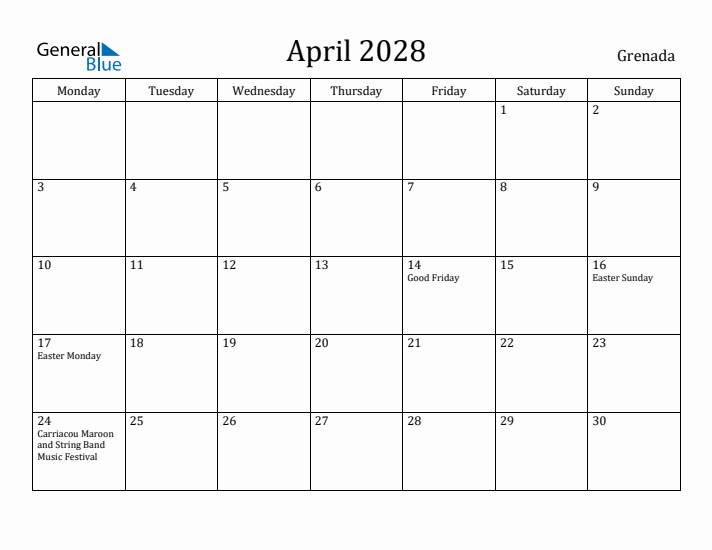 April 2028 Calendar Grenada