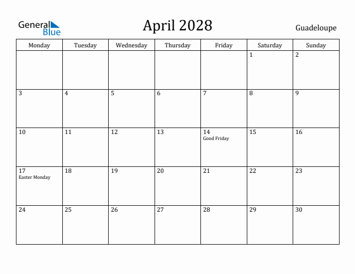 April 2028 Calendar Guadeloupe