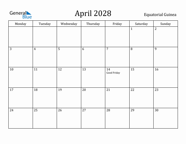 April 2028 Calendar Equatorial Guinea