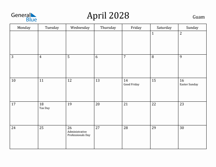 April 2028 Calendar Guam