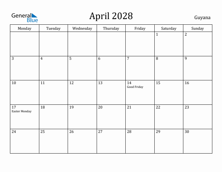 April 2028 Calendar Guyana