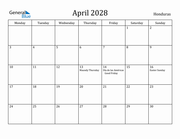 April 2028 Calendar Honduras