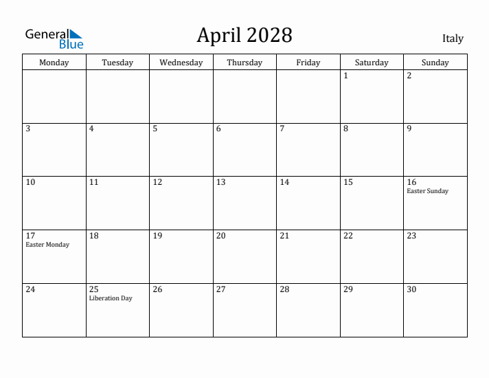 April 2028 Calendar Italy