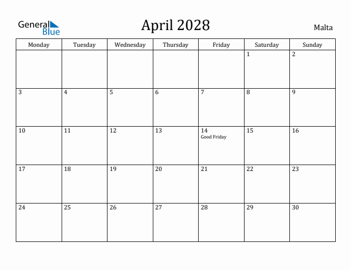 April 2028 Calendar Malta