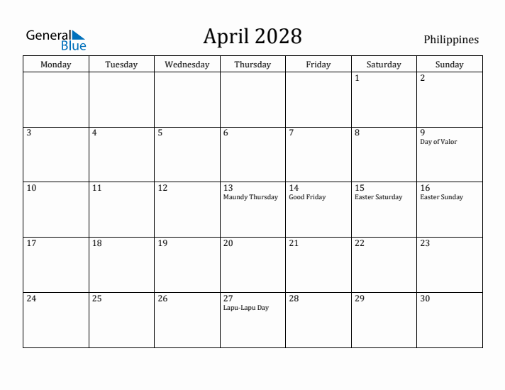 April 2028 Calendar Philippines