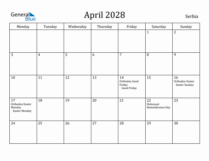 April 2028 Calendar Serbia