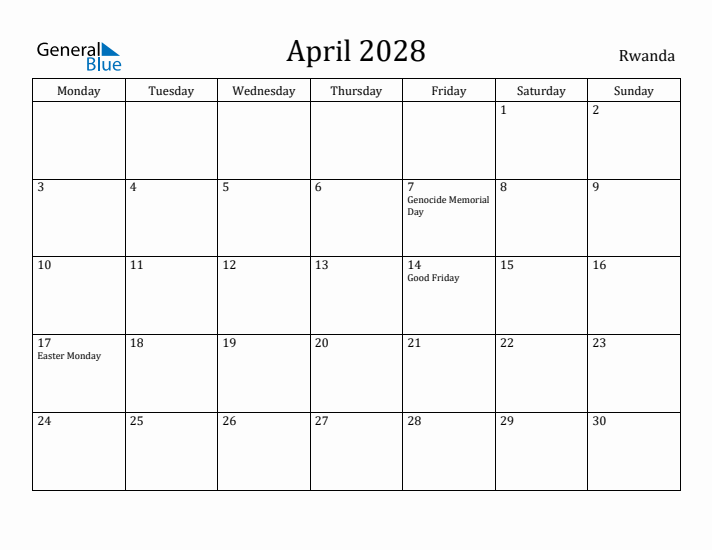 April 2028 Calendar Rwanda