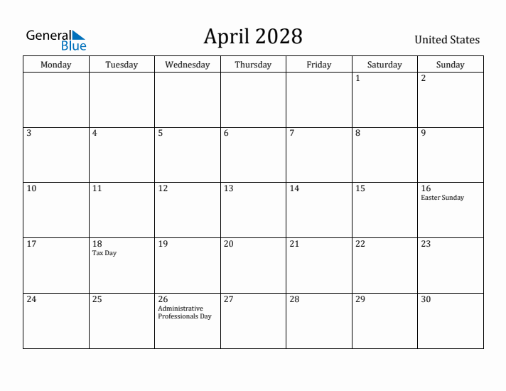 April 2028 Calendar United States