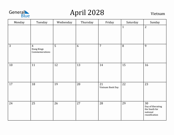 April 2028 Calendar Vietnam