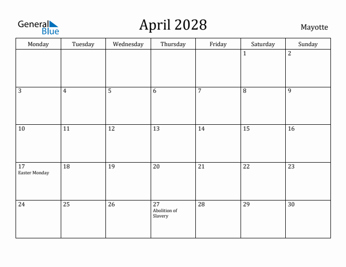 April 2028 Calendar Mayotte