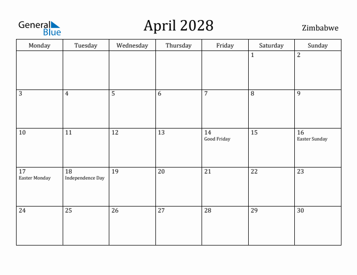 April 2028 Calendar Zimbabwe