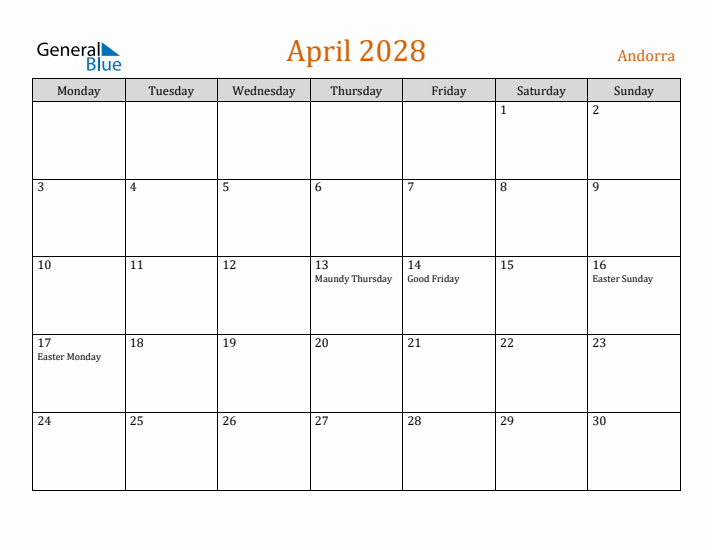 April 2028 Holiday Calendar with Monday Start