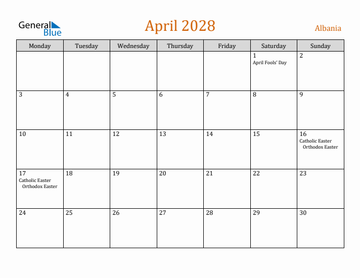 April 2028 Holiday Calendar with Monday Start