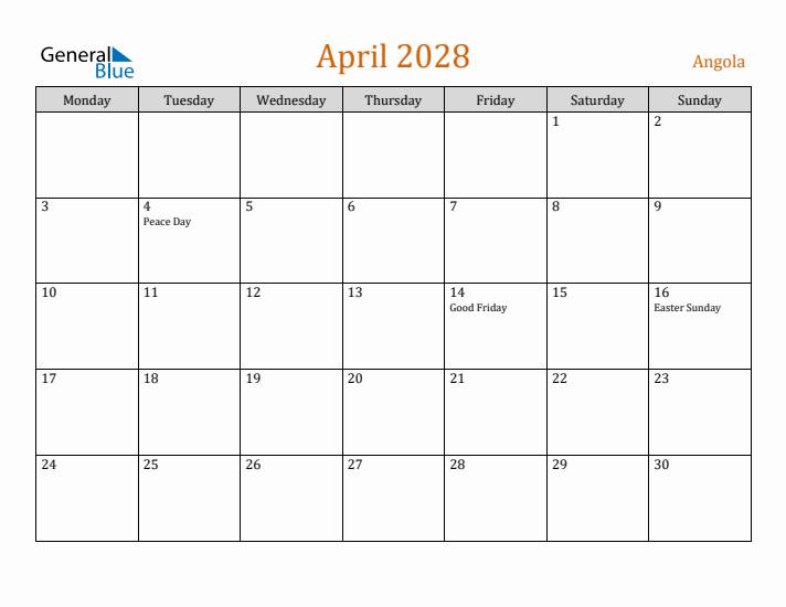 April 2028 Holiday Calendar with Monday Start