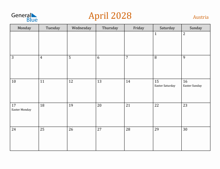 April 2028 Holiday Calendar with Monday Start