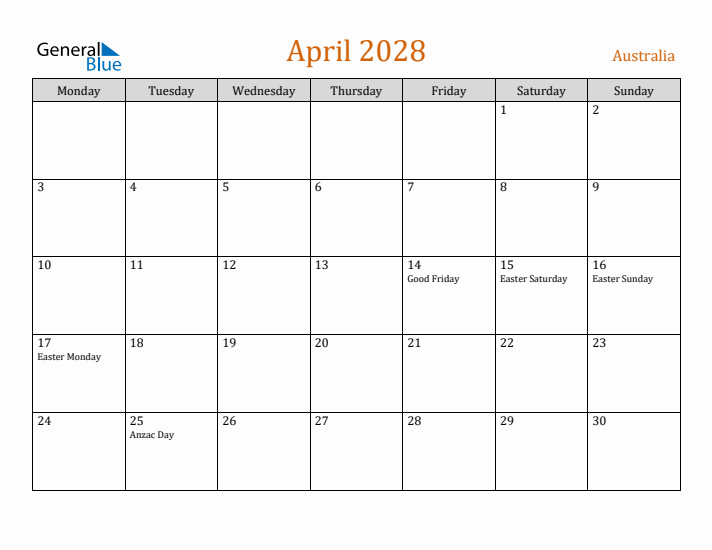 April 2028 Holiday Calendar with Monday Start