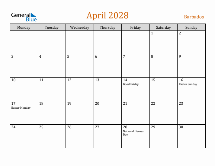 April 2028 Holiday Calendar with Monday Start