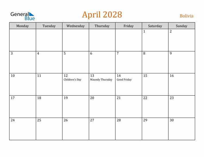 April 2028 Holiday Calendar with Monday Start