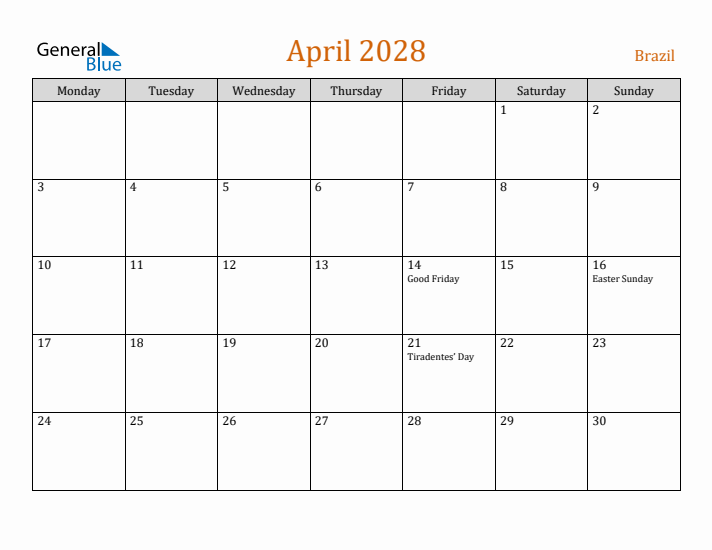 April 2028 Holiday Calendar with Monday Start