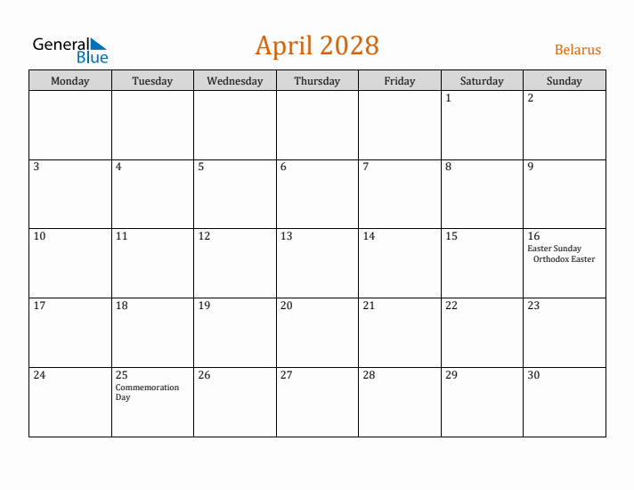 April 2028 Holiday Calendar with Monday Start