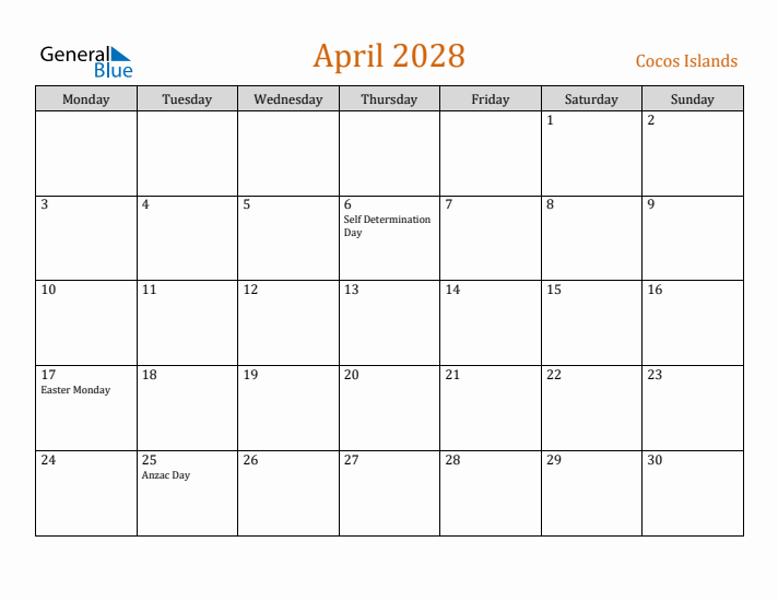 April 2028 Holiday Calendar with Monday Start