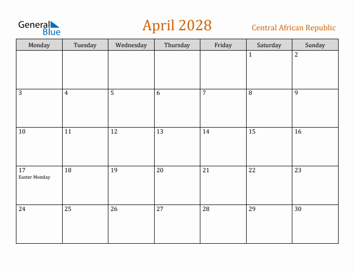 April 2028 Holiday Calendar with Monday Start