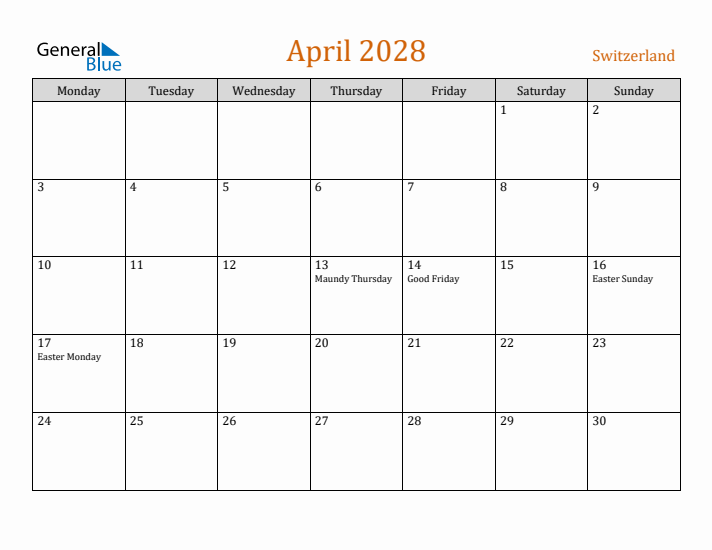 April 2028 Holiday Calendar with Monday Start