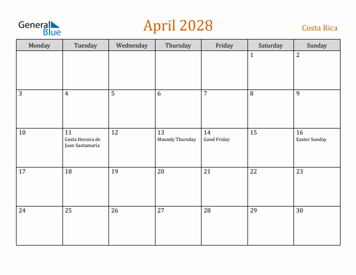 April 2028 Holiday Calendar with Monday Start